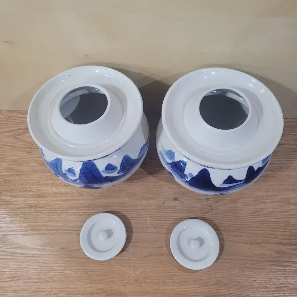 2 Vtg Chinese Blue White Dragon Chinoiserie Jar Vase Peoples Republic of China